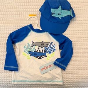 Cat & Jack Blue and White Shark Rashguard and hat set.